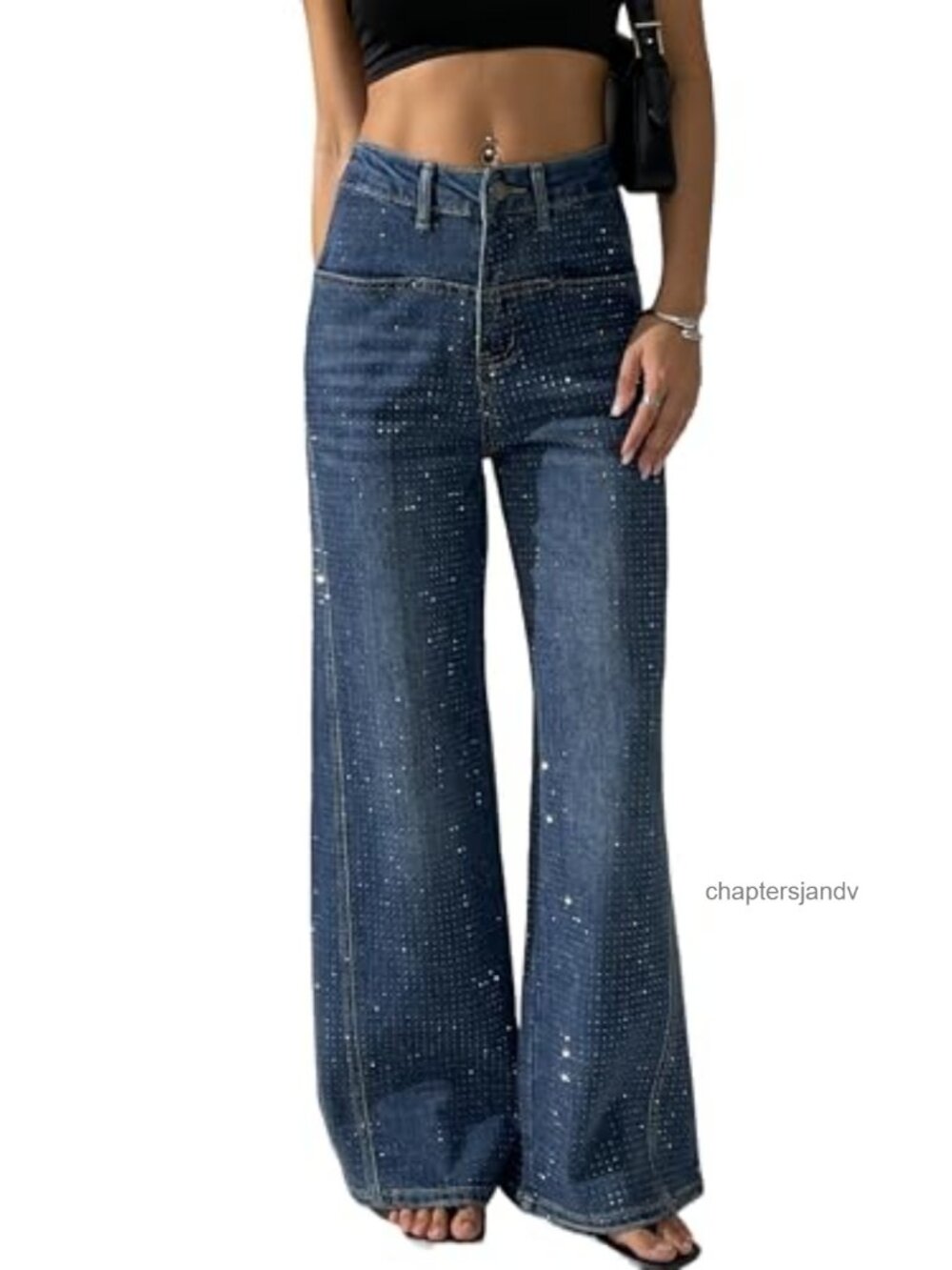 Women Rhinestone High Waist Wide Leg Flare Jeans Sequin Sparkle Trouser